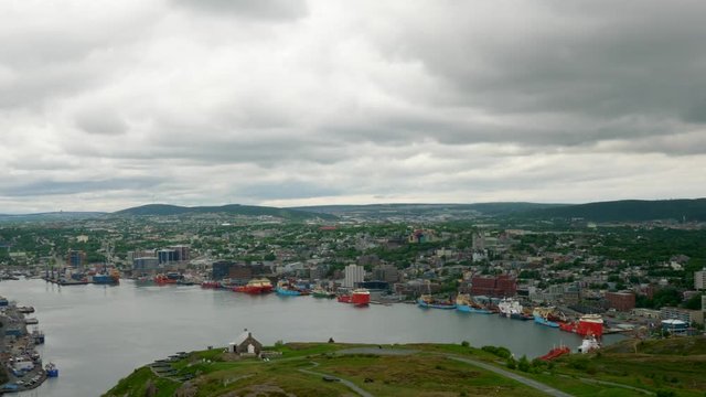 St Johns harbor and boats from Signal Hill in Newfoundland Canada