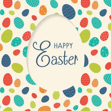 Happy Easter - card with wishes and colorful easter eggs. Vector.