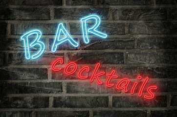 illustration of a cocktail bar neon sign glowing in blue and red colors