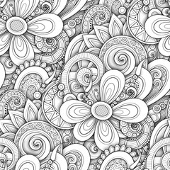 Monochrome Seamless Pattern with Floral Motifs. Endless Texture with Flowers, Leaves etc. Natural Background in Doodle Line Style. Coloring Book Page. Vector 3d Contour Illustration. Abstract Art