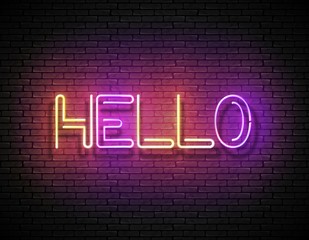 Vintage Glow Signboard with Hello Inscription. Lettering on Brick Wall, Template. Shiny Neon Light Poster, Banner, Postcard, Invitation. Advertisement Flyer. Vector 3d Illustration. Clipping Mask