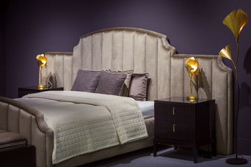 Beautiful modern designer bedroom in dark colors, with golden lights and floor lamp