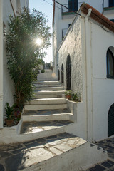 un escalier au milieu de maison de village pittoresque blanche , avec le soleil caché derrière une plante