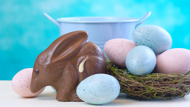 Australian milk chocolate Bilby Easter egg with eggs in nest against a blue and white background