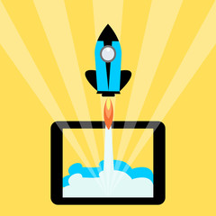 Tablet with a rocket.Concept of Start up. Flat design, vector illustration.