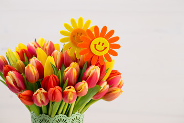 A colorful spring greetings card with tulips for Easter, Mother's Day.