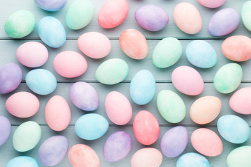 Pastel Easter eggs background. Spring greating card.