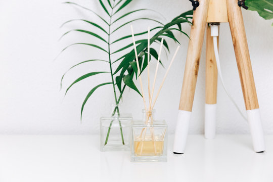 Room air refreshers and decorations on table, Nordic home interior  Scandinavian background Stock Photo | Adobe Stock