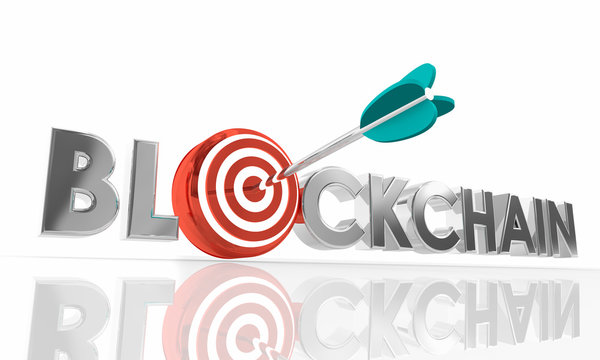 Blockchain Technology Arrow Target Word 3d Illustration