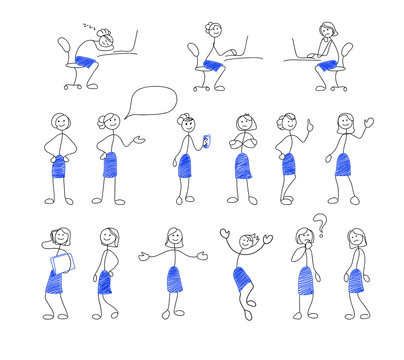 Collection of stick figures. Set of doodle style women in office. Vector illustration