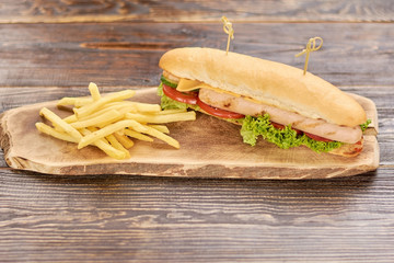 Hot dog with fresh vegetables. Still life with big hot dog and french fries. Fast food menu.