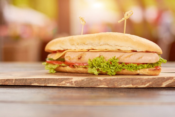Close up of appetizing hot dog. Delicious hot dog with chicken sausage and vegetables on blurred background. Fast food menu. Tasty snack in restaurant.