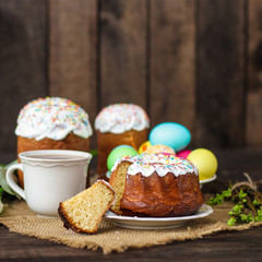 Easter cake and Easter eggs (traditional decoration and attributes). Happy easter!