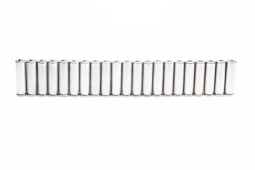 Ecology recycle concept, nature energy, alkaline batteries in row, rechargeable AA accumulator, used or new battery, on white background isolated