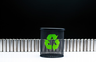 Ecology recycling concept, nature energy, used or new battery on recycle garbage bin, rechargeable...