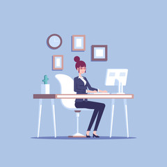 Young pleased businesswoman or female clerk sitting at the office desk and working at the computer and looking at screen flat vector illustration. Pleasant and comfortable workplace