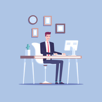 Smiling young businessman or male clerk sitting at the office desk and working at the computer and looking at screen flat vector illustration. Pleasant and comfortable workplace