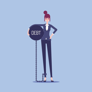 Businesswoman chained to a heavy steel ball with the inscription debt vector flat illustration. Unhappy female office employee holding in her hand a heavy metal ball. Business concept burden