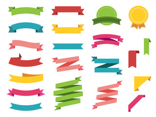 Ribbon vector icon set on white background. Banner isolated shapes illustration of gift and accessory. Christmas sticker and decoration for app and web. Label, badge and borders collection.