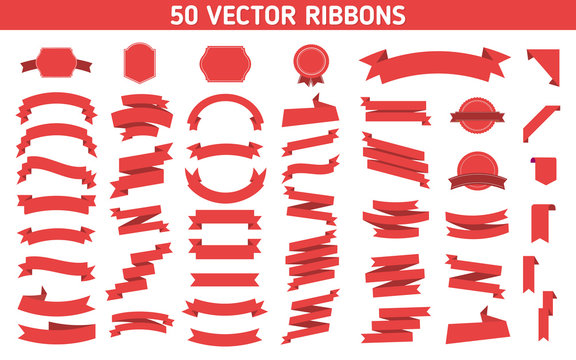 Flat vector ribbons banners flat isolated on white background, Illustration Set of 50 ribbons.