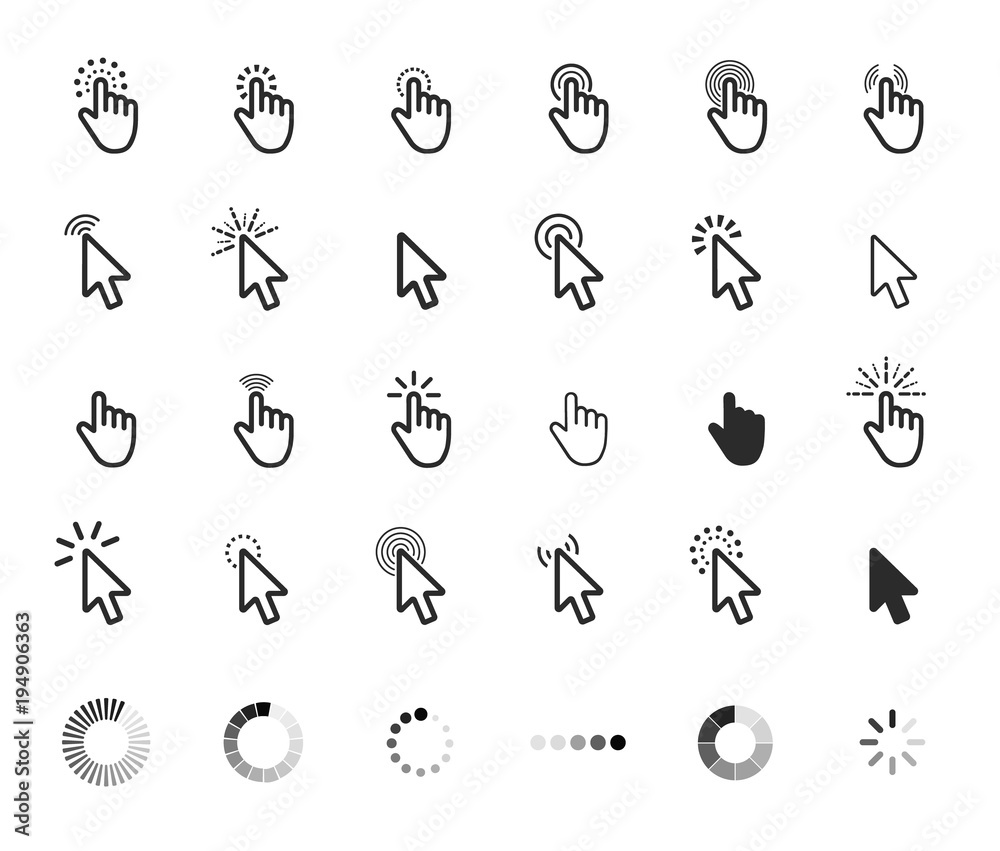 Poster computer mouse click cursor gray arrow icons set and loading icon. vector illustration.