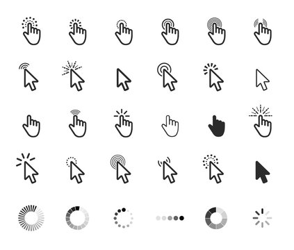 Computer mouse click cursor gray arrow icons set and loading icon. Vector illustration.