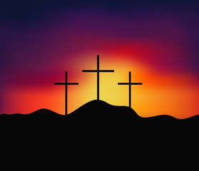 Christian religious design for Easter celebration, Saviour cross on dramatic sunrise scene, vector illustration.