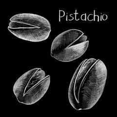 Pistachio nuts by white chalk on black background. Roasted pistachio nut hand-drawn illustration.