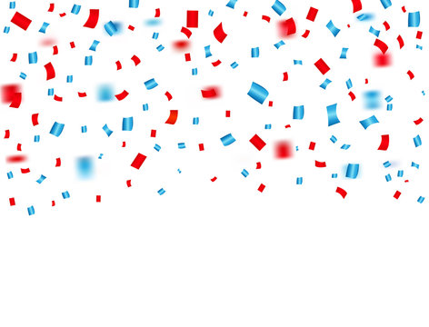 USA celebration red and blue confetti falling. Concept in national colors for American independence day, celebration event & birthday isolated on white background. Vector illustration.