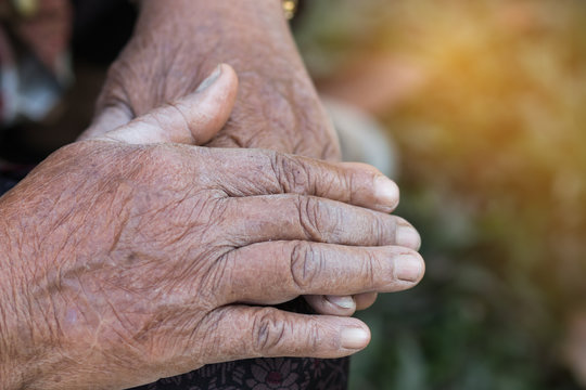 Hands Asian elderly woman grasps her hand on lap, pair of elderly wrinkled hands and Traces of hard work, World Kindness older and Adult care  concept. Senior citizen is common euphemism old person