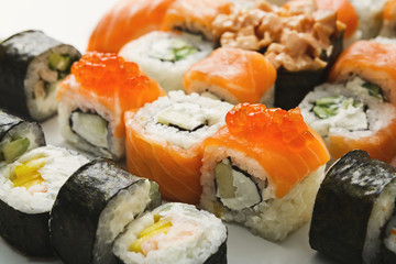 Set of sushi rolls, maki on white background