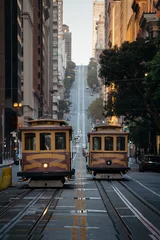 Foto auf Acrylglas San Francisco Cable Cars auf der California Street bei Sonnenuntergang, Kalifornien, USA © JFL Photography