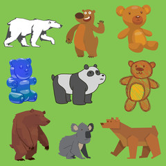vector bear set wild animal different style flat, handdraw, cartoon wild angry brown, grizzly, cute panda and polar bear cartoon character teddy and jelly illustration isolated on background