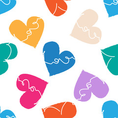 Abstract seamless heart pattern. Vector, minimalist colorful hearts on white background. Handwritten continuous line love word