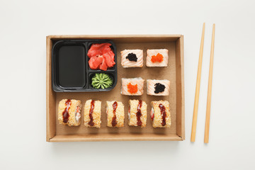 Top view set of sushi maki and rolls isolated