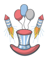 independence day american top hat and balloons fireworks vector illustration
