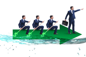 Teamwork concept with businessmen on boat