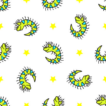 Seamless pattern funny little dragon, worm, caterpillar. Vector illustration squirm, cartoon.