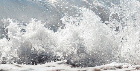 Big wave on the sea  with a lot of foam. fake color. Copy space. Concept of travel. Instagram warm filter.