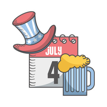 independence day american 4 july calendar and beer glasses vector illustration