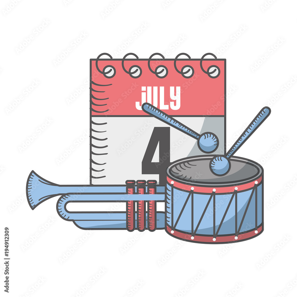 Wall mural independence day american 4 july calendar drum sticks and trumpet vector illustration