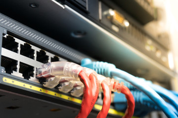 Telecommunication Ethernet Cables Connected to Internet Switch with golden light