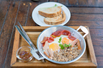 pan-fried egg with pork and toppings, Breakfast food in Thai style