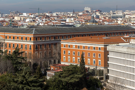 Panoramic view of city of Madrid from Cybele Palace (Palacio de Cibeles), Spain