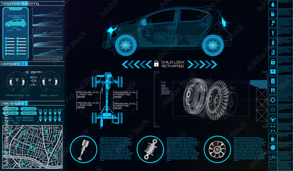 Poster Futuristic user interface. Car service in the style of HUD. Virtual graphical interface Ui HUD Autoscanning, analysis and diagnostics, Abstract vector science. Car auto service infographics.repair