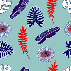 Vector floral and tropical seamless pattern for textile design. Big flowers and tropic leaves for print on cotton fabric.