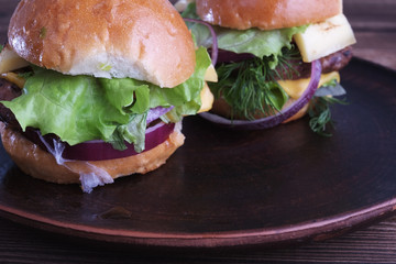 Tasty meat burgers on plate.