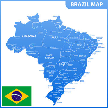 The detailed map of the Brazil with regions or states and cities, capitals, national flag