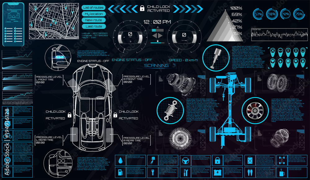 Poster Car service in the style of HUD. Virtual graphical interface Ui HUD Autoscanning, analysis and diagnostics, Abstract vector science. Car auto service infographics. repair Futuristic user interface.
