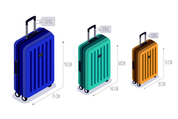 Baggage allowance isolated vector isometric icons. Multicolor luggage, suitcase, bags with tags. Checked baggage, carry-on and hand luggage for traveling by aircraft. Travel and tourism concept.